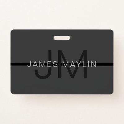Stylish Masculine Dark Gray Name & Monogram  Badge