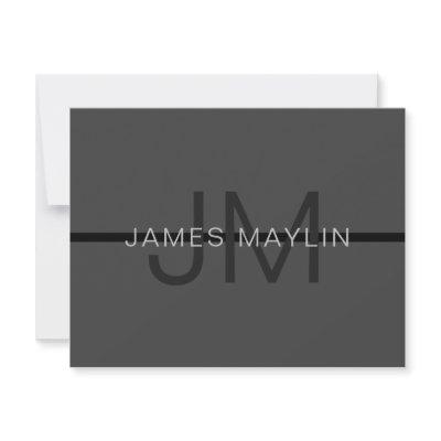 Stylish Masculine Dark Gray Name & Monogram  Note Card