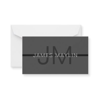 Stylish Masculine Dark Gray Name & Monogram  Note Card