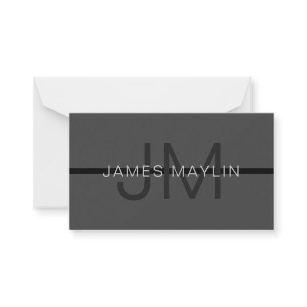 Stylish Masculine Dark Gray Name & Monogram  Note Card
