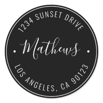 Stylish Name & Circular Text | Black & White Classic Round Sticker