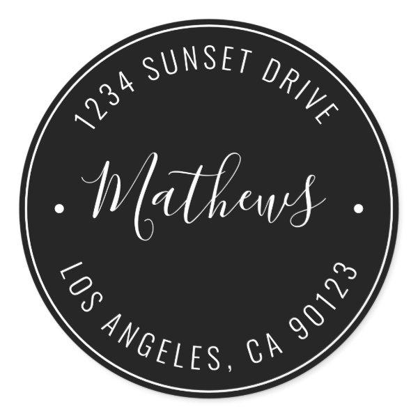 Stylish Name & Circular Text | Black & White Classic Round Sticker