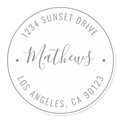 Stylish Name & Circular Text | Grey & White Classic Round Sticker