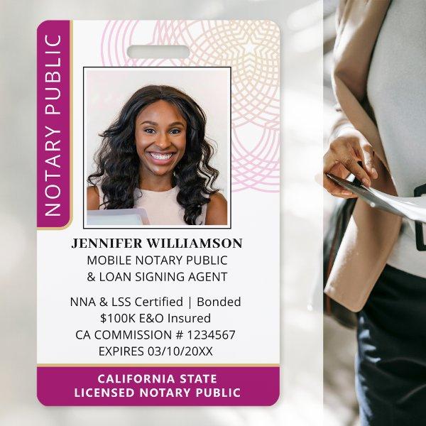 Stylish Notary Public Photo QR Code ID Magenta Badge