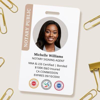 Stylish Notary Public Signing Agent Photo ID Beige Badge
