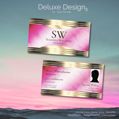 Stylish Pink Marble Gold Border Monogram and Photo