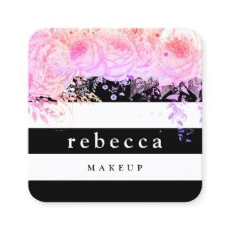 Stylish purple floral black white stripes makeup square