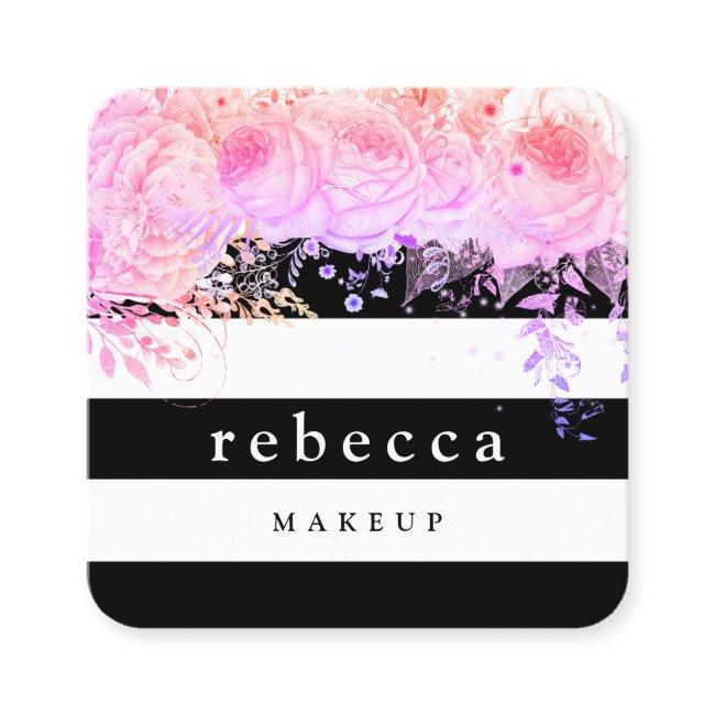 Stylish purple floral black white stripes makeup square