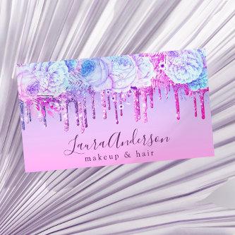 Stylish purple floral glitter drips makeup & hair