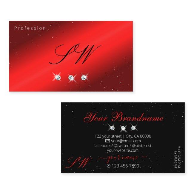 Stylish Ruby Red Black Sparkling Diamonds Monogram