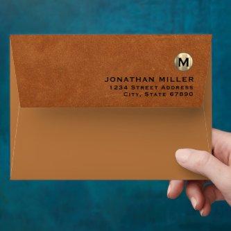 Stylish Sable Leather Gold Monogram Return Address Envelope