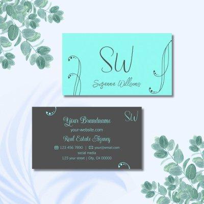 Stylish Teal and Gray Modern Ornate with Monogram