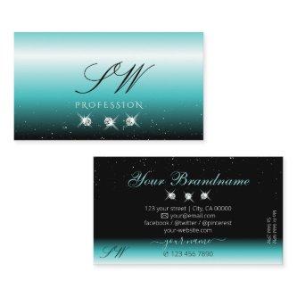Stylish Teal Black Ombre Sparkle Diamonds Monogram