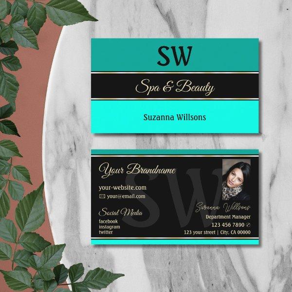 Stylish Teal Borders on Black Monogram and Photo