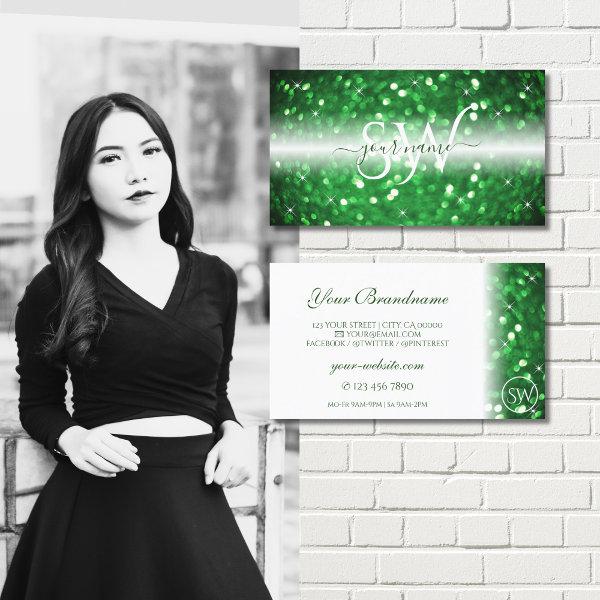 Stylish White and Green Sparkling Glitter Monogram