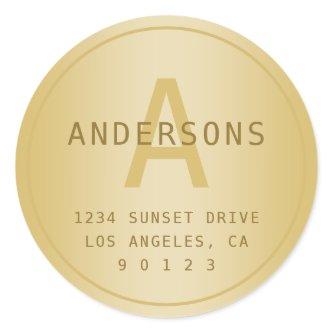 Stylized Modern Minimal Gold Return Address  Classic Round Sticker
