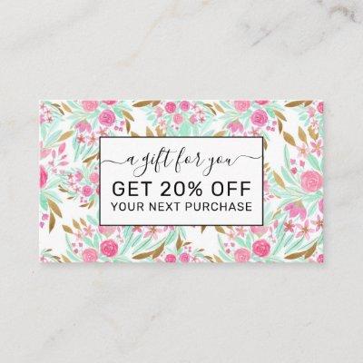 Summer Gold Pink Teal Watercolor Flowers Pattern Discount Card