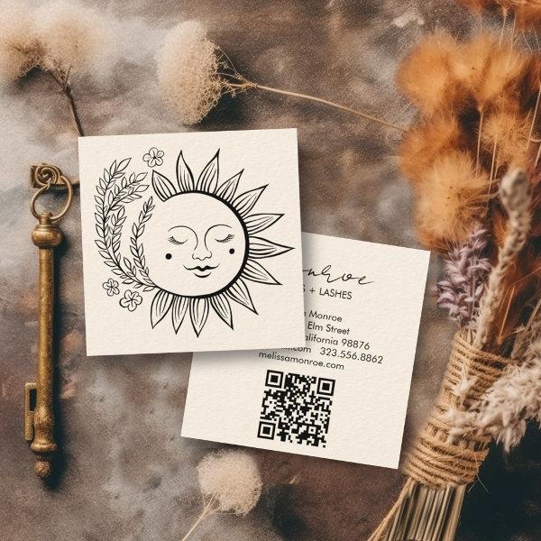 Sun Floral Boho Line Art Elegant QR Code Cream Square