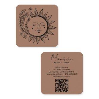 Sun Floral Boho Line Art Elegant QR Code Mocha Square