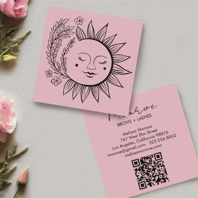 Sun Floral Boho Line Art Elegant QR Code Pink Square