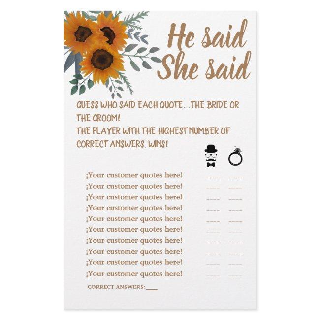 SUNFLOWER HE SAID SHE SAID SHOWER GAME CARD FLYER