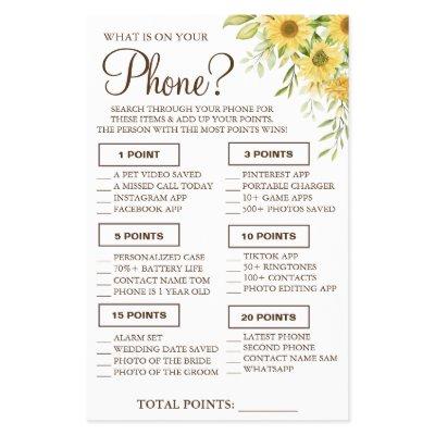 Sunflower What is on your phone Shower game card Flyer