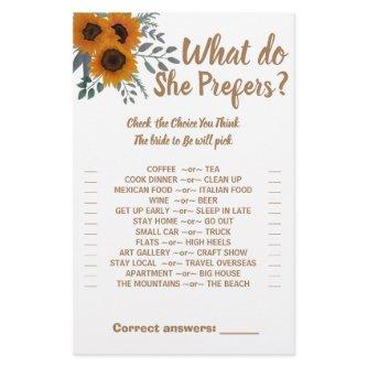 Sunflower Would She prefer Bridal Shower Game Card Flyer