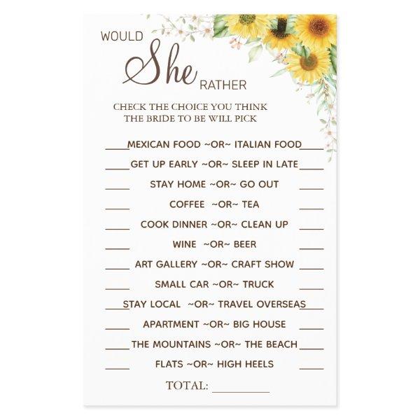 Sunflower Would She Rather shower game card Flyer