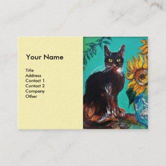 SUNFLOWERS WITH BLACK CAT IN BLUE Ivory