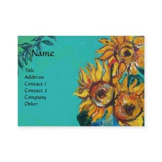 SUNFLOWERS WITH BLACK CAT IN BLUE TURQUOISE