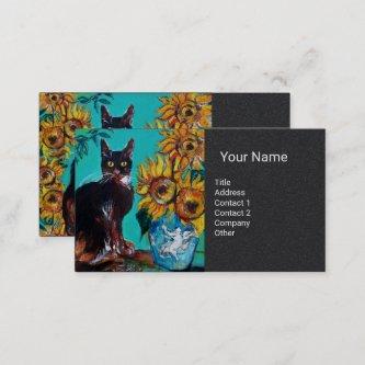 SUNFLOWERS WITH CAT IN BLUE Monogram Black Paper