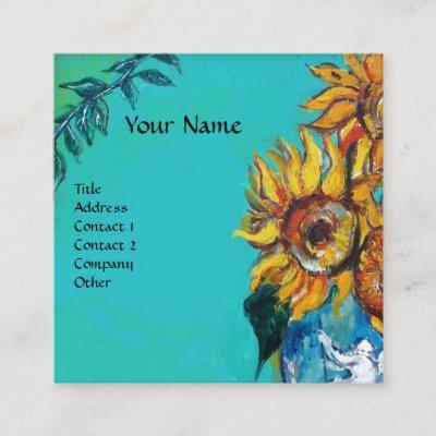 SUNFLOWERS WITH CAT IN BLUE TURQUOISE SQUARE