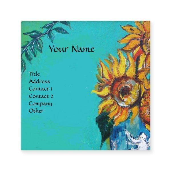 SUNFLOWERS WITH CAT IN BLUE TURQUOISE SQUARE