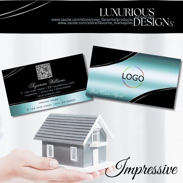 Superb Black Teal Curved Decor Lines Logo QR Code