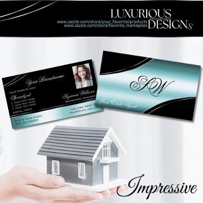 Superb Black Teal Curved Lines Monogram and Photo
