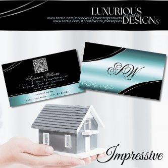 Superb Black Teal Curved Lines Monogram QR Code