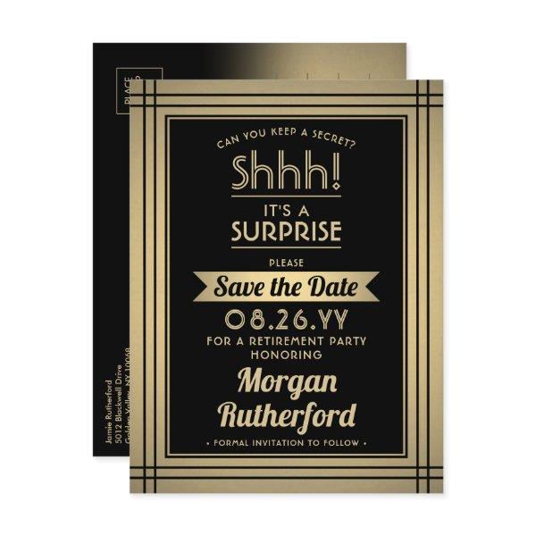 Surprise Retirement Party Black Gold Save the Date Announcement Postcard