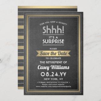 Surprise Retirement Party Chalkboard Black & Gold Save The Date