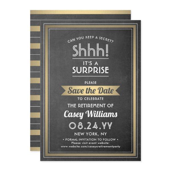 Surprise Retirement Party Chalkboard Black & Gold Save The Date