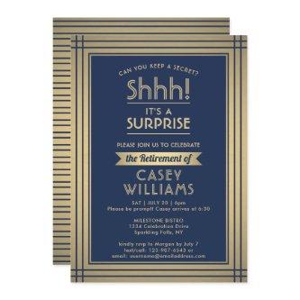 Surprise Retirement Party Elegant Navy Blue Gold Invitation