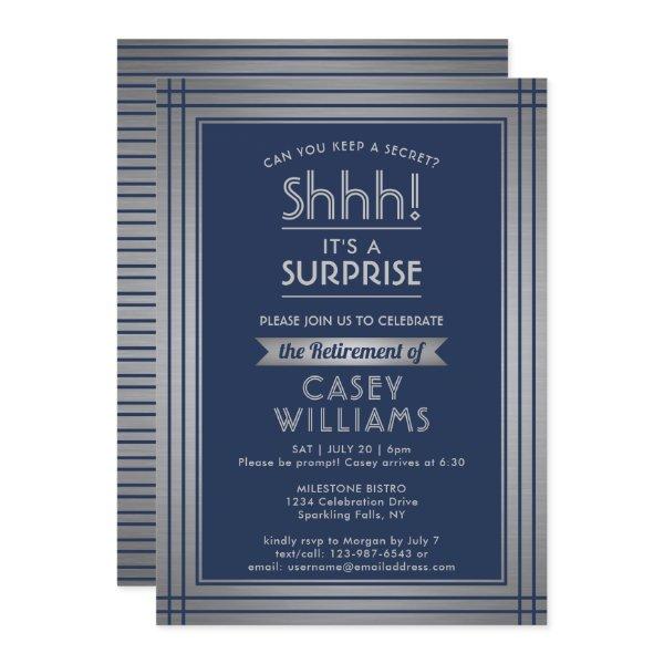 Surprise Retirement Party Elegant Navy Blue Silver Invitation