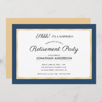 Surprise Retirement Party Horizontal Blue & Gold Invitation