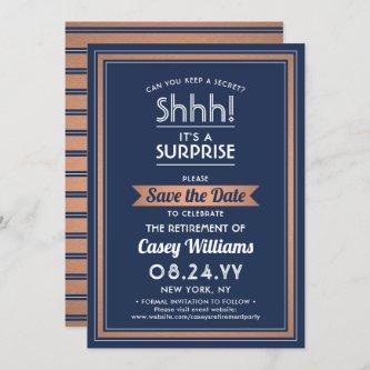 Surprise Retirement Party Navy Blue White & Copper Save The Date