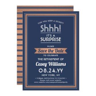 Surprise Retirement Party Navy Blue White & Copper Save The Date