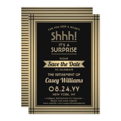 Surprise Retirement Party Shhh! Elegant Black Gold Save The Date