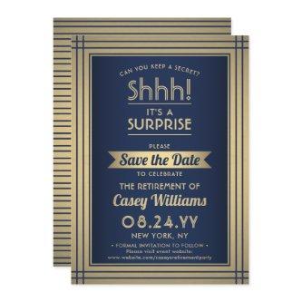 Surprise Retirement Party Shhh! Navy Blue & Gold Save The Date