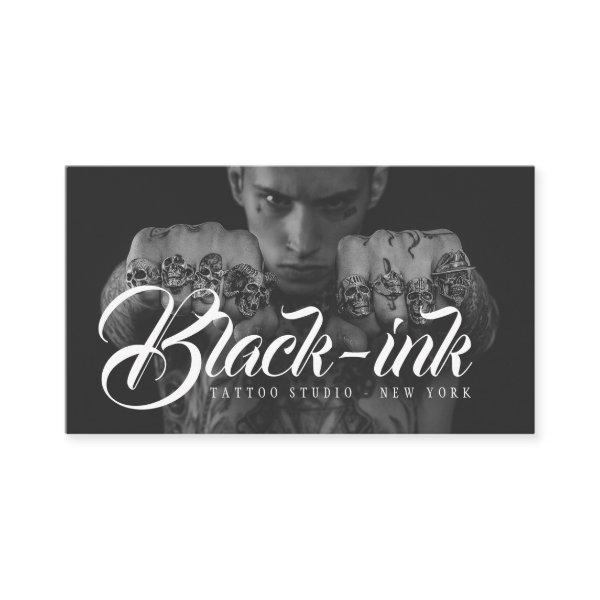 Tattoo artist black photo white script calligraphy