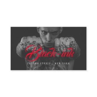 Tattoo artists black photo red script calligraphy