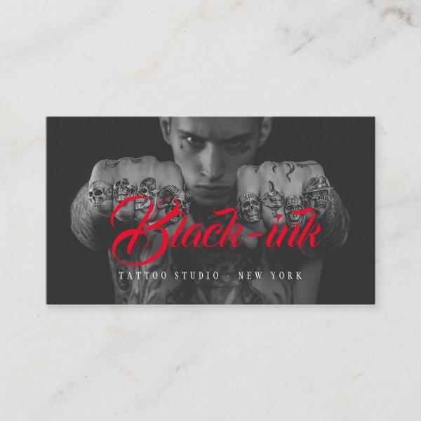 Tattoo artists black photo red script calligraphy