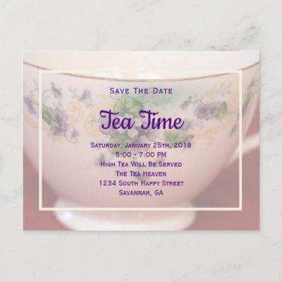 Tea Party Purple Floral Teacup Save The Date Invitation Postcard